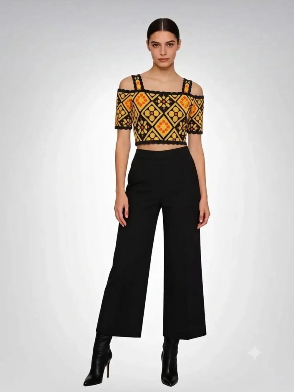 Geometric Knit Cold Shoulder Crop Top Black Mustard Orange Size S Maximalist